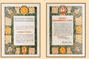 Prêmios "Nobel" obtidos por Marie Curie nas áreas de Física e Química.